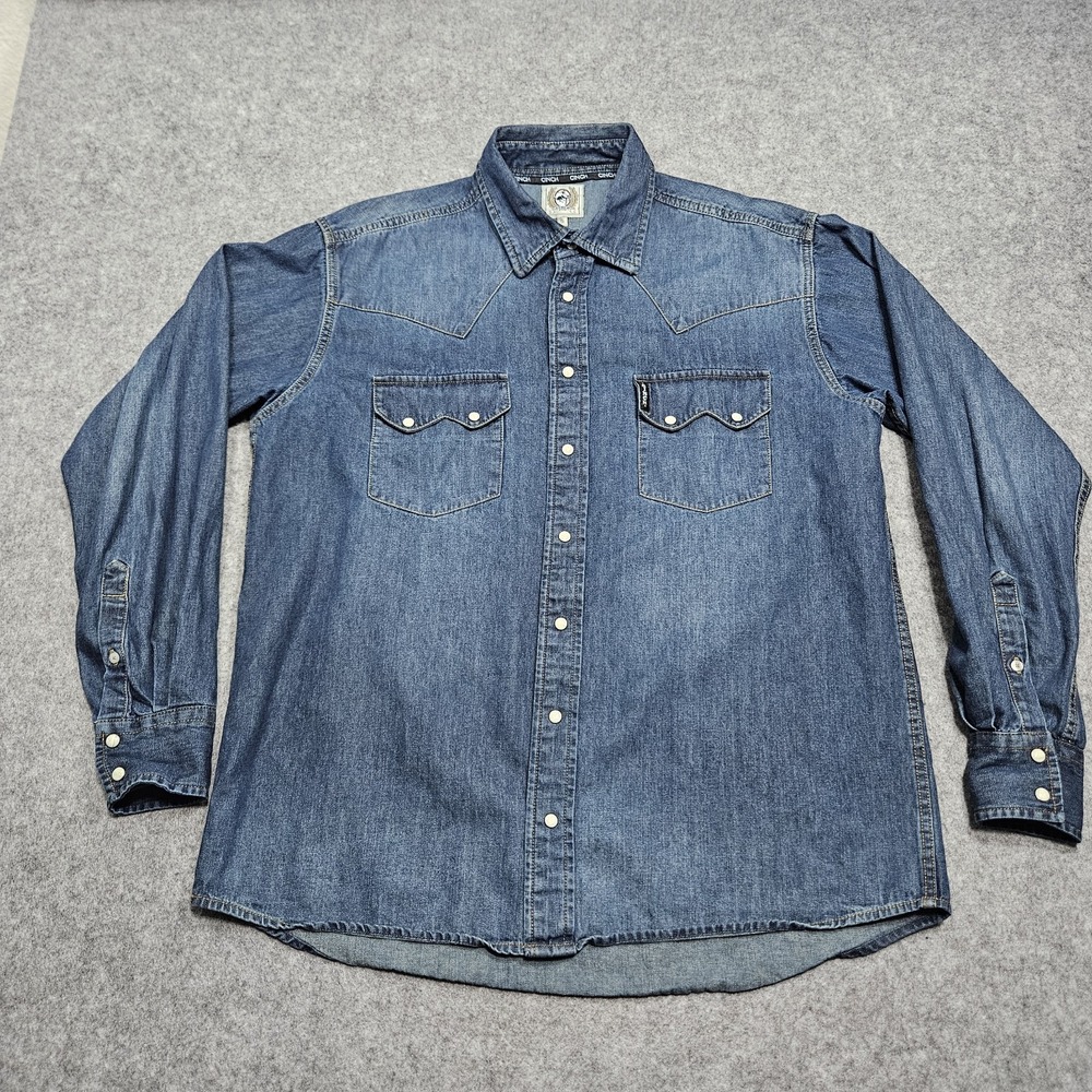 Cinch‎ Mens Small |Blue| Long Sleeve Pearl Snap Faded Denim Western Shirt